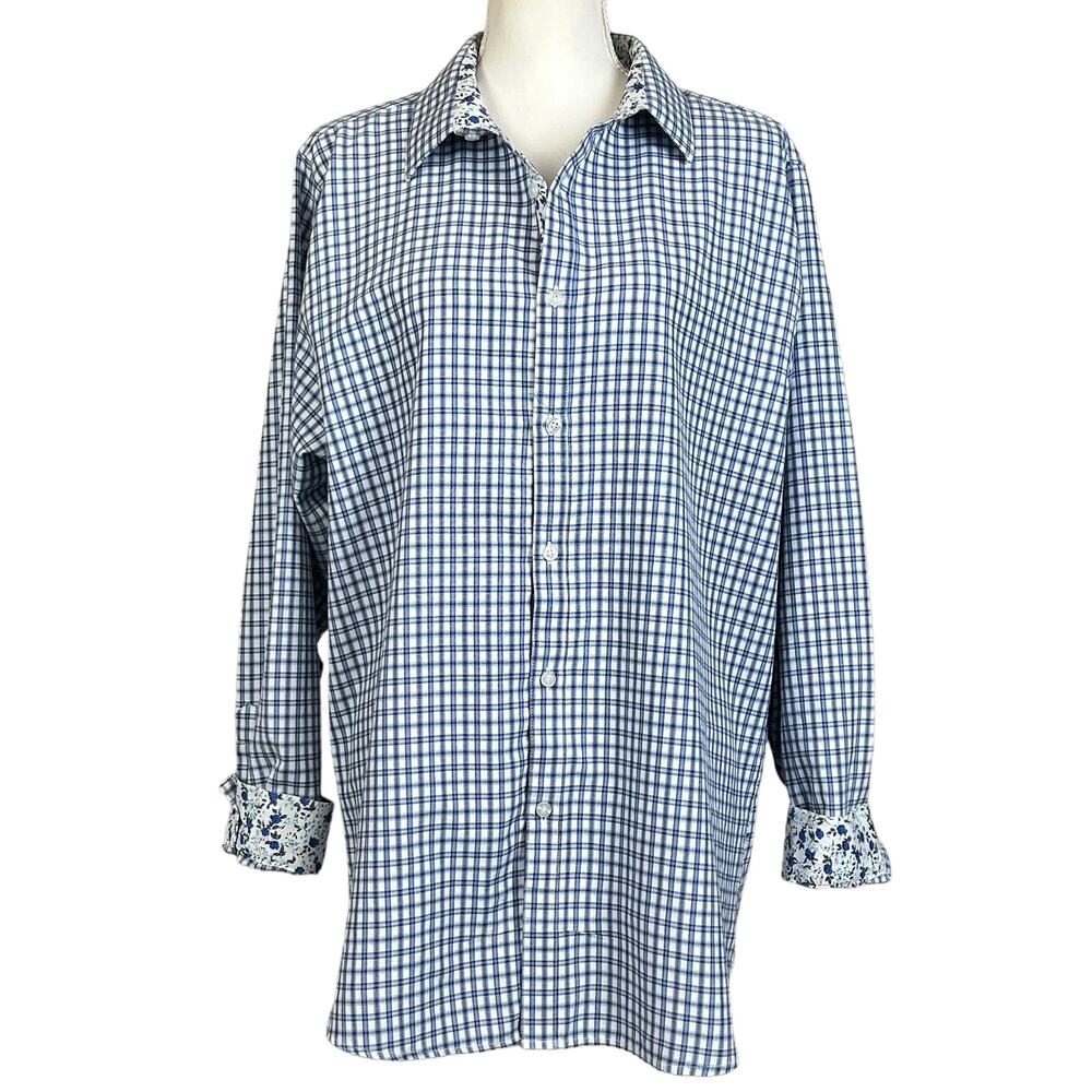 Galaxy by Harvic Shirt Blue White Gingham Floral Size XL Men Button Up